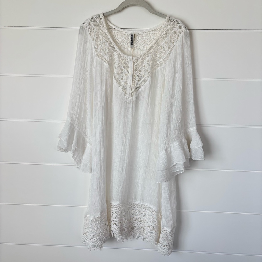 Monoreno Off-White Long Sleeve Gauze Boho Peasant dress Cover-up Large
